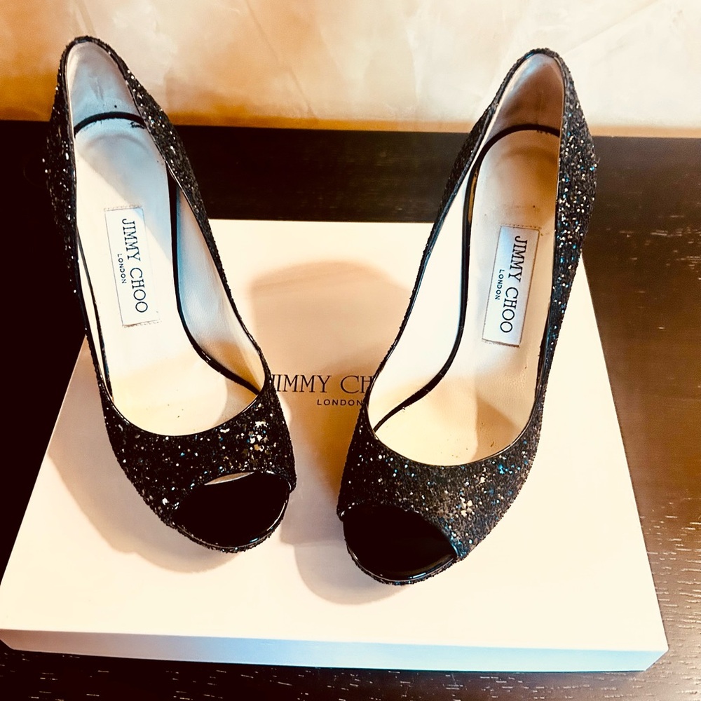 Jimmy Choo Sparkling Black Peep-Toe Heels
